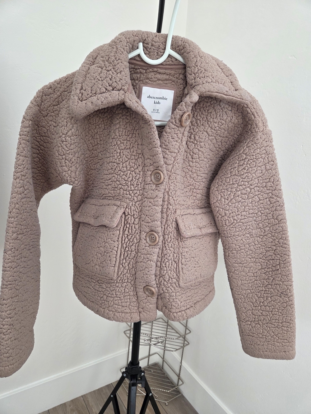 abercrombie kids taupe sherpa button jacket